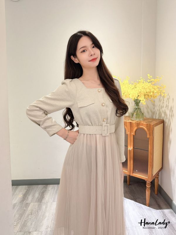 WJA58 精緻珍珠金釦接紗長洋 