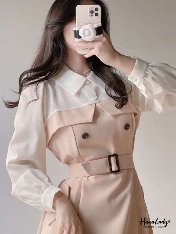 WJA46 知性拼色收腰雪紡短洋 