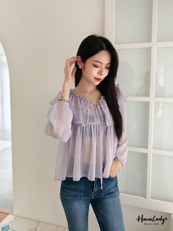 LSA11 浪漫綁帶荷葉碎花上衣 