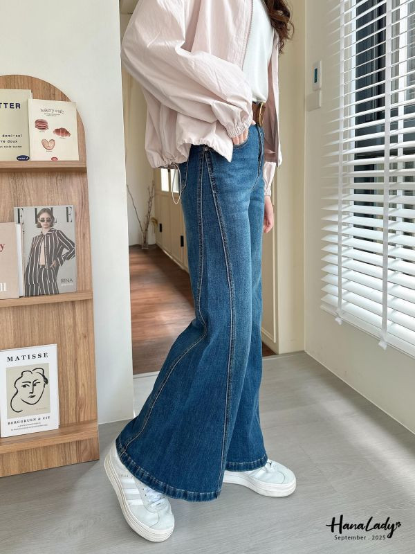 WKA59 復古麂皮腰帶喇叭丹寧褲 