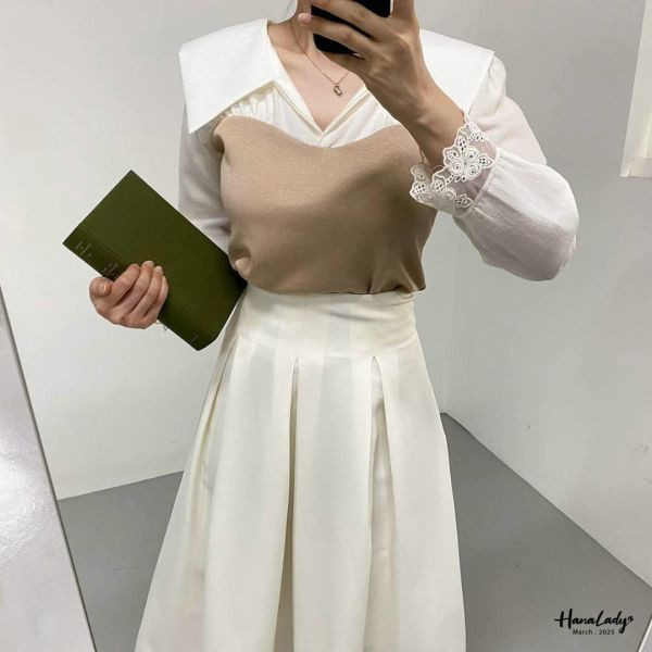 WSA58 美美袖拼接蕾絲翻領杉 