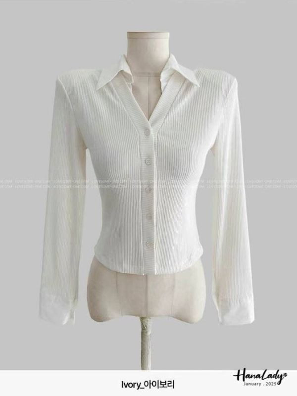 WEA49 襯衫領拼接坑條針織衫 