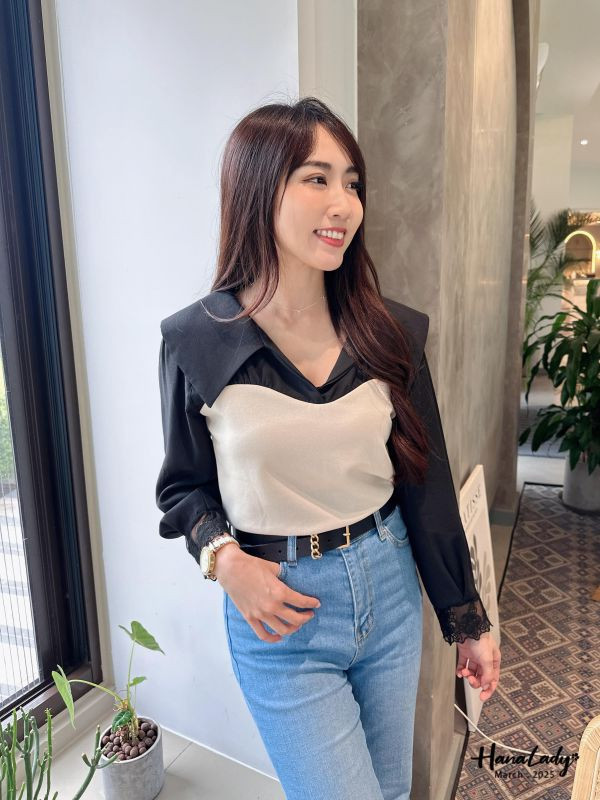 WSA58 美美袖拼接蕾絲翻領杉 