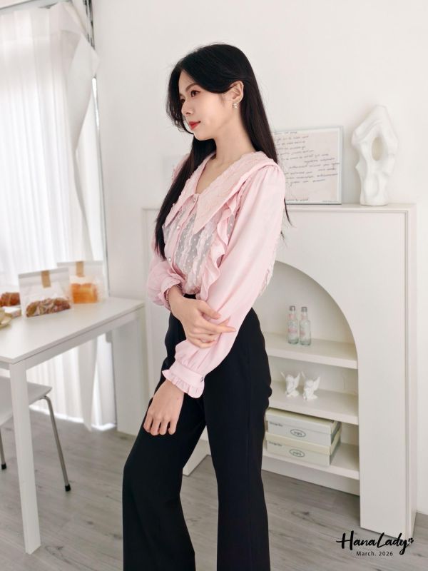 LSA20 浪漫蕾絲鑽石釦雪紡衫 