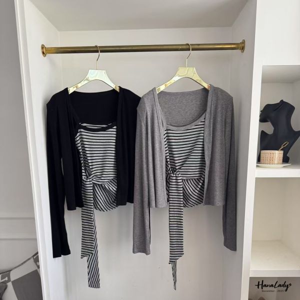 WJA50 收腰綁帶兩件式條紋上衣 