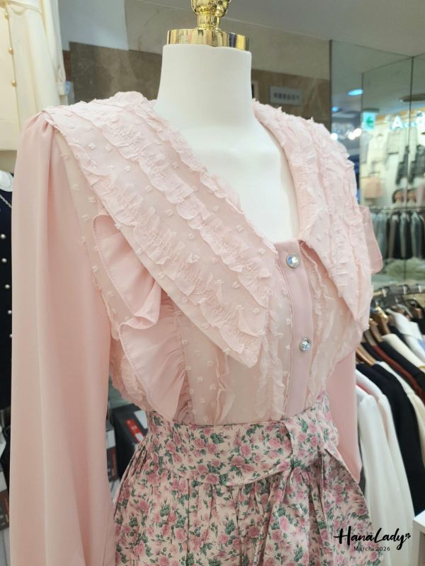 LSA20 浪漫蕾絲鑽石釦雪紡衫 