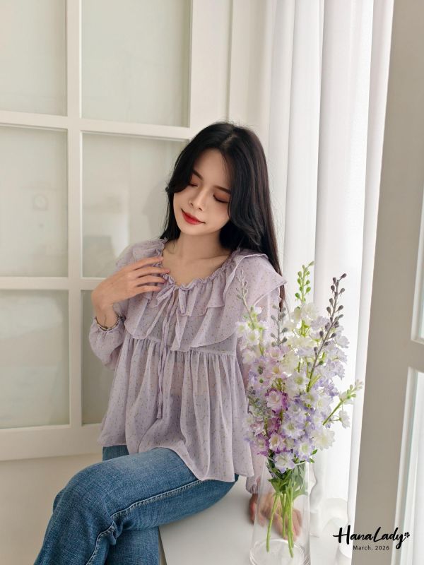 LSA11 浪漫綁帶荷葉碎花上衣 