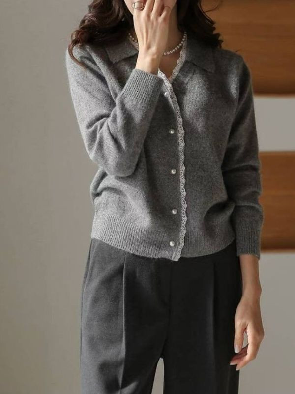 WQA58 蕾絲邊針珠釦毛料針織衫 