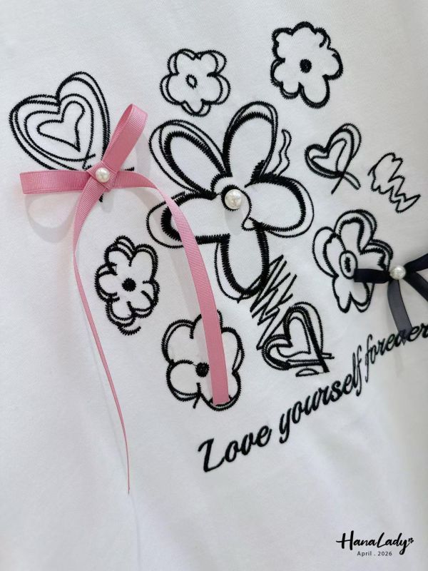 LFA08 刺繡花朵珍珠緞帶T 