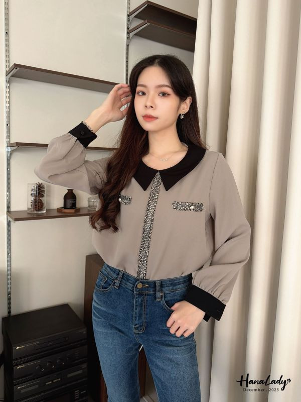 WQA45 毛呢線條小香風雪紡衫 