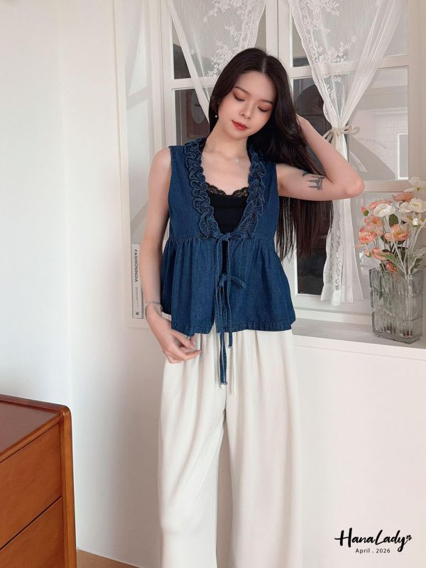 LFA80 甜酷綁結牛仔背心 