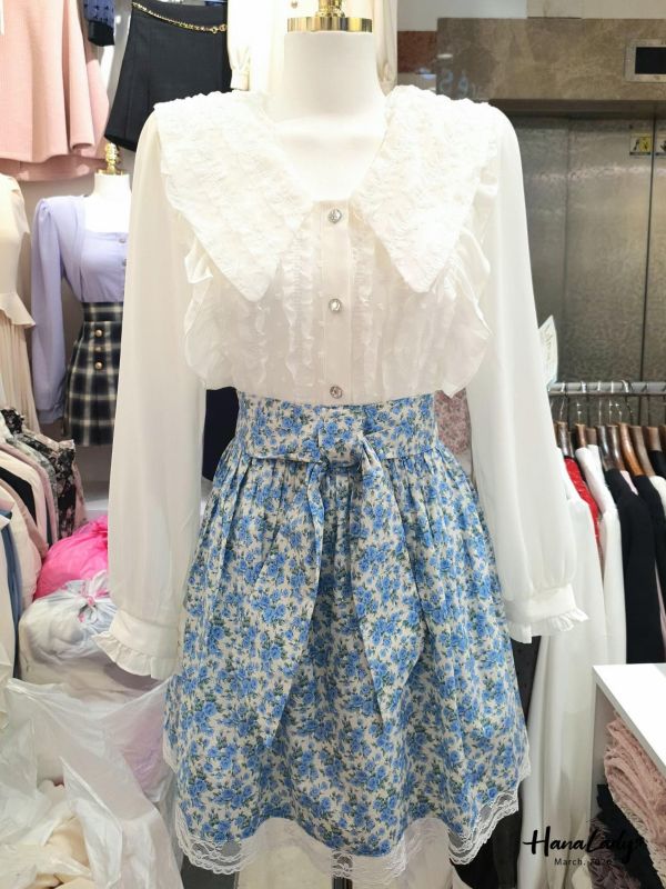 LSA20 浪漫蕾絲鑽石釦雪紡衫 