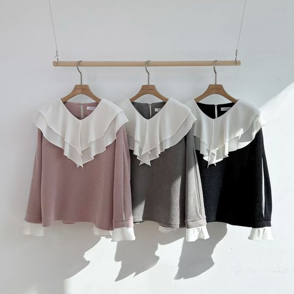 WQA53 波浪三角層刺領針織上衣 