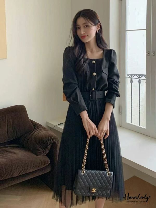 WJA58 精緻珍珠金釦接紗長洋 