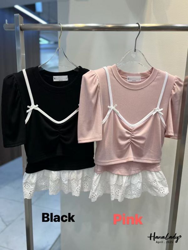 WFA28 蝴蝶結拼接布蕾絲兩件式上衣 正韓 韓國服飾 韓國連線