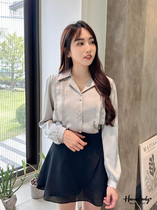 WSA71 雙釦翻領緞面雪紡衫 