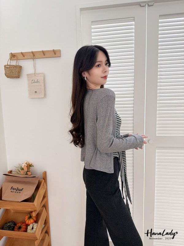 WJA50 收腰綁帶兩件式條紋上衣 