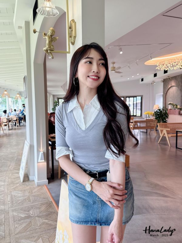 WSA38 翻領假兩件上衣 