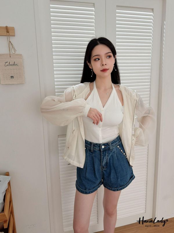 LFA82 口袋釘珠丹寧短褲 