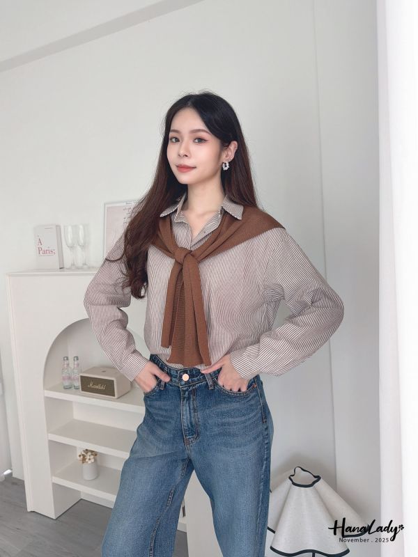 WJA11 直條順身披肩單寧衫 