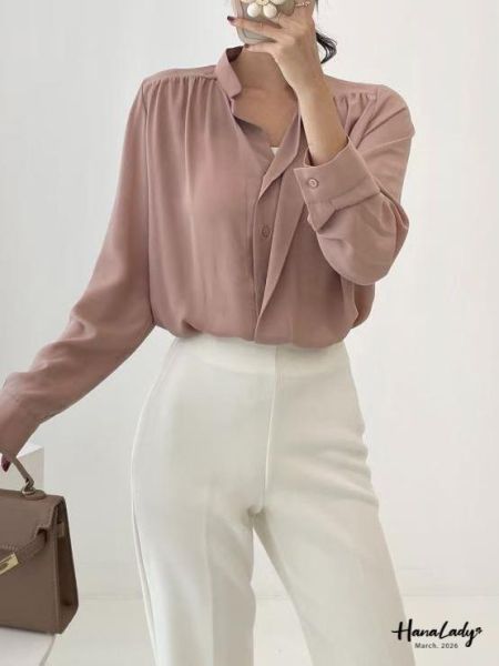 LSA24 優雅排釦V領雪紡衫 