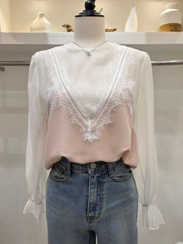 WQB68 睫毛蕾絲大V線雪紡上衣 
