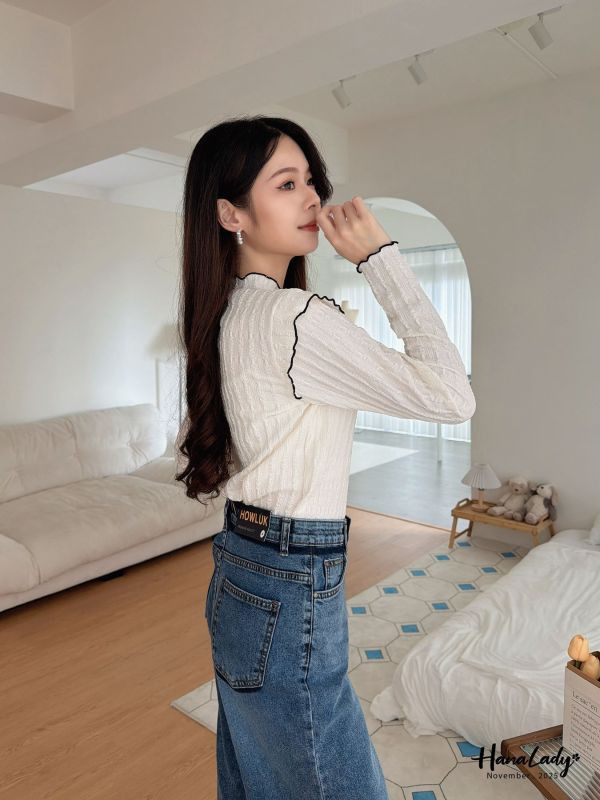 WJA33 QQ木耳滾邊抓皺上衣 