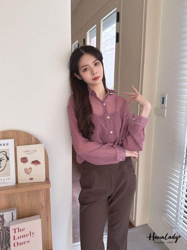 WTA75 後綁帶點點紗雪紡衫 