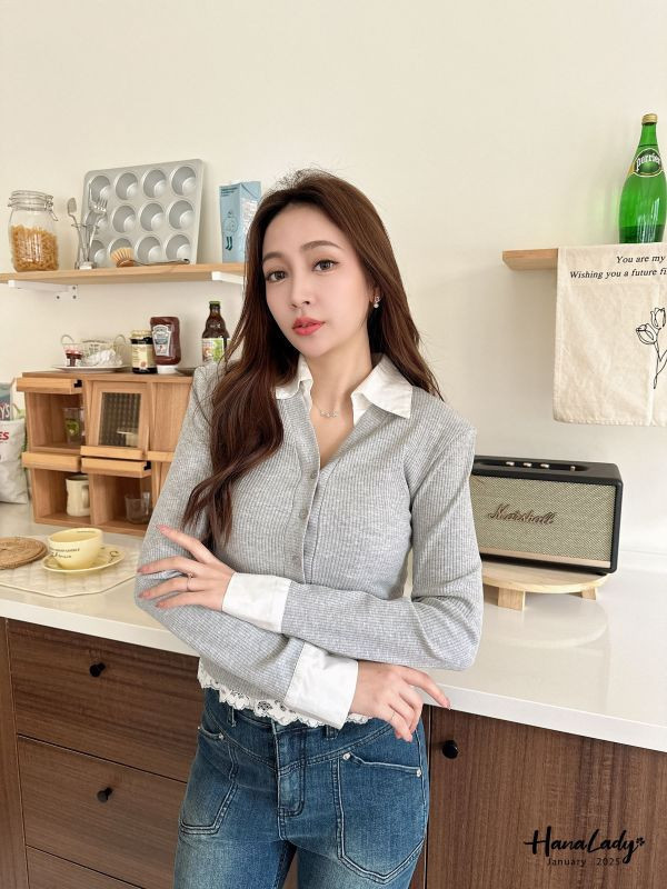 WEA49 襯衫領拼接坑條針織衫 