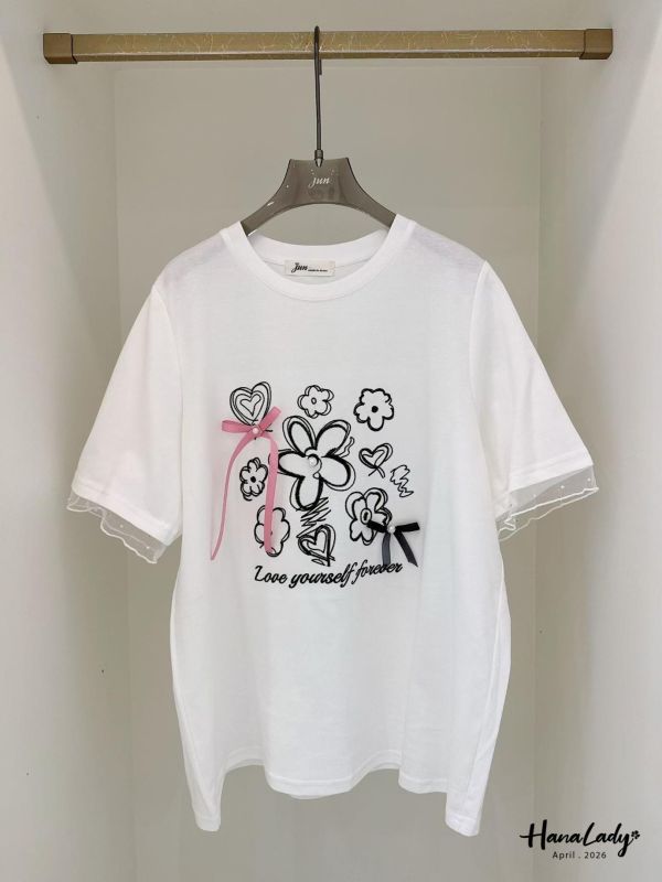 LFA08 刺繡花朵珍珠緞帶T 