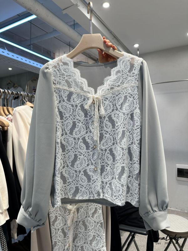 FQA82 綁結滿版蕾絲拼接雪紡衫 