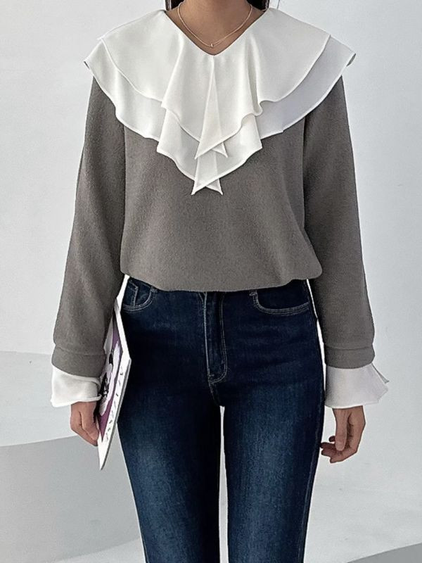 WQA53 波浪三角層刺領針織上衣 