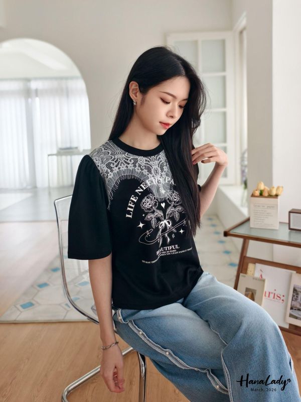 LSA12 玫瑰拼接蕾絲上衣 