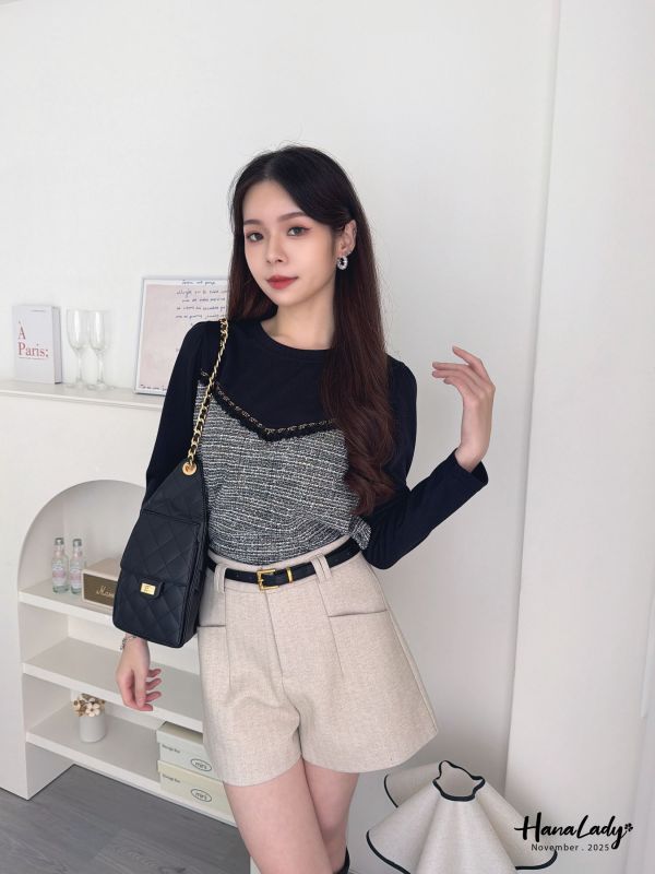 WJA21 細坑條拼金蔥針織上衣 