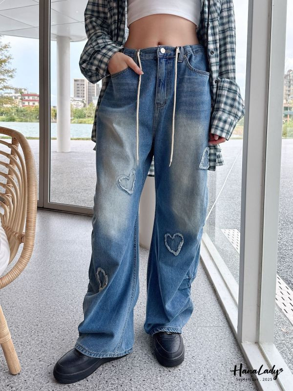 WKA83 抽繩愛心毛鬚抽繩丹寧褲 