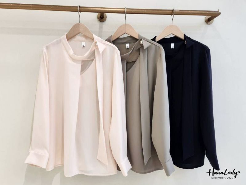 WQA48 簡約珍珠領結雪紡衫 