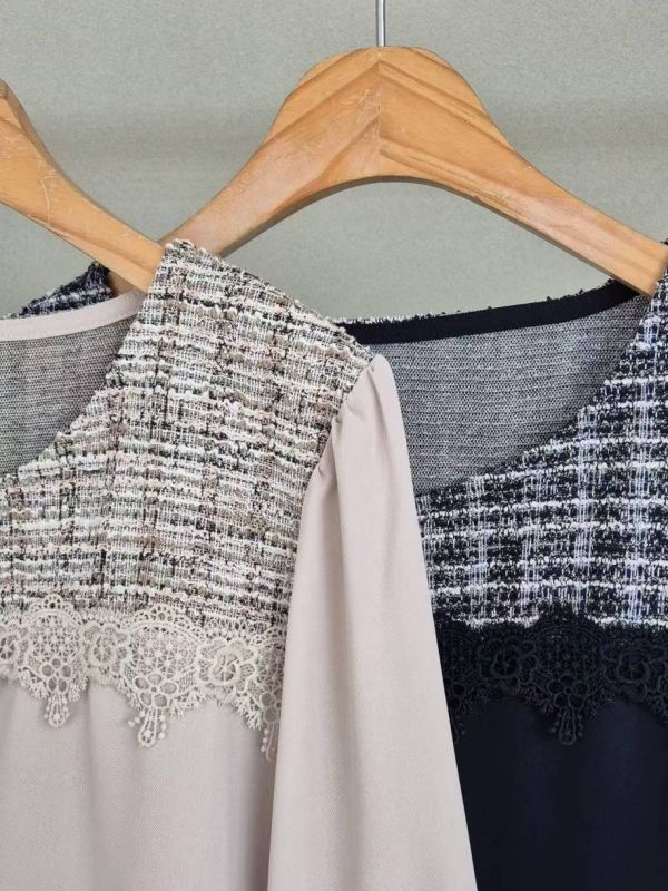 WQA08 毛呢蕾絲方領珍珠雪紡上衣 