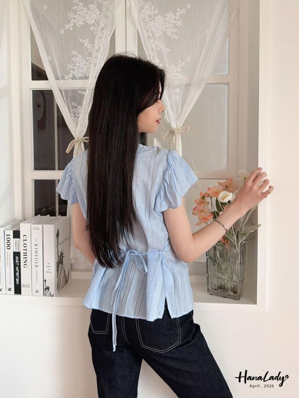 LFA29 線條繡球布綁帶上衣 