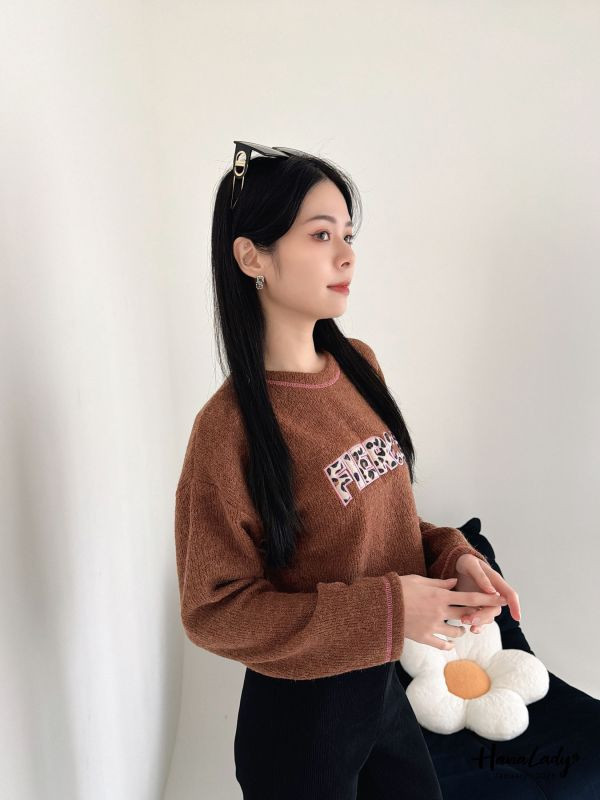 LEA14 絨布豹紋刺繡邊針織上衣 