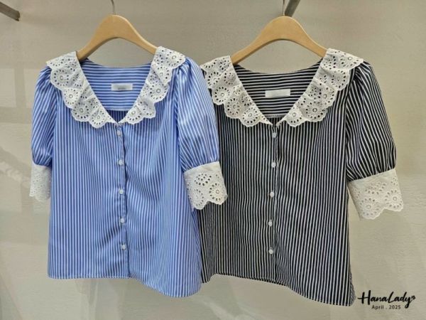 WFA61 蕾絲花邊條紋襯衫 正韓 韓國服飾 韓國連線