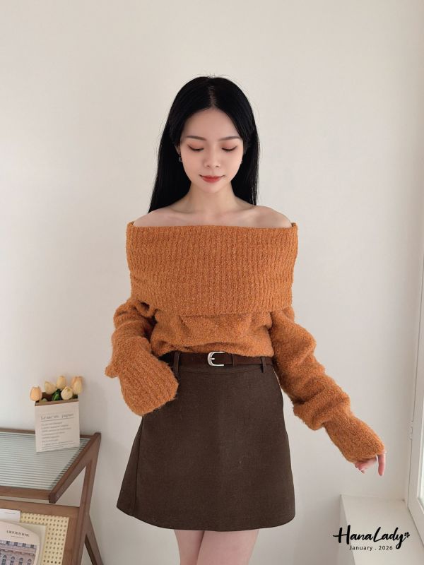 LEB16 浪漫一字領嫩Q針織上衣 