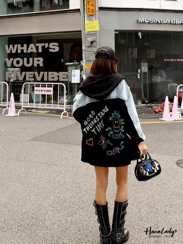 WJA78 街頭塗鴉風拼接單寧外 