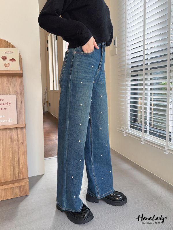 WTA26 超彈性必收珍珠丹寧直筒褲 