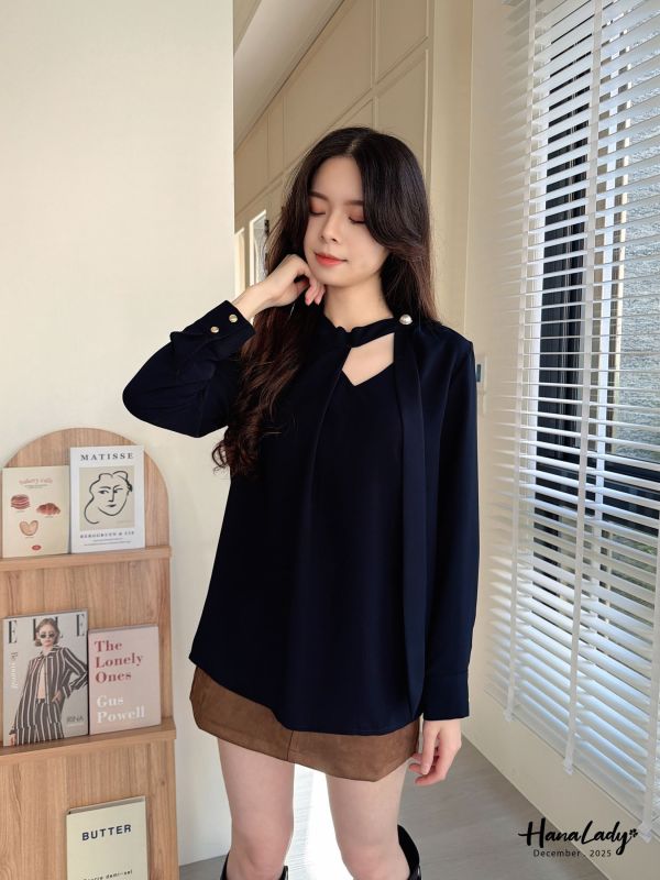 WQA48 簡約珍珠領結雪紡衫 