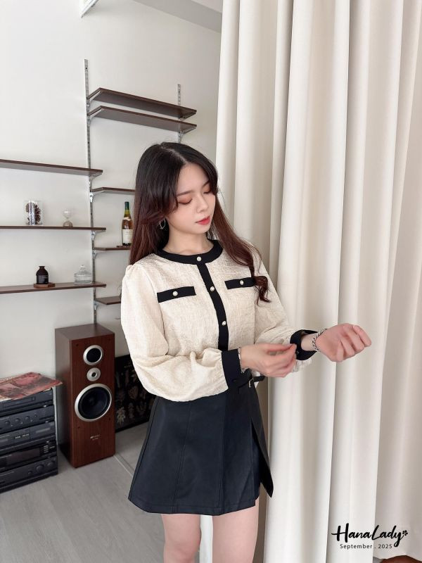 WKA19 餅乾布珍珠釦小香風上衣 