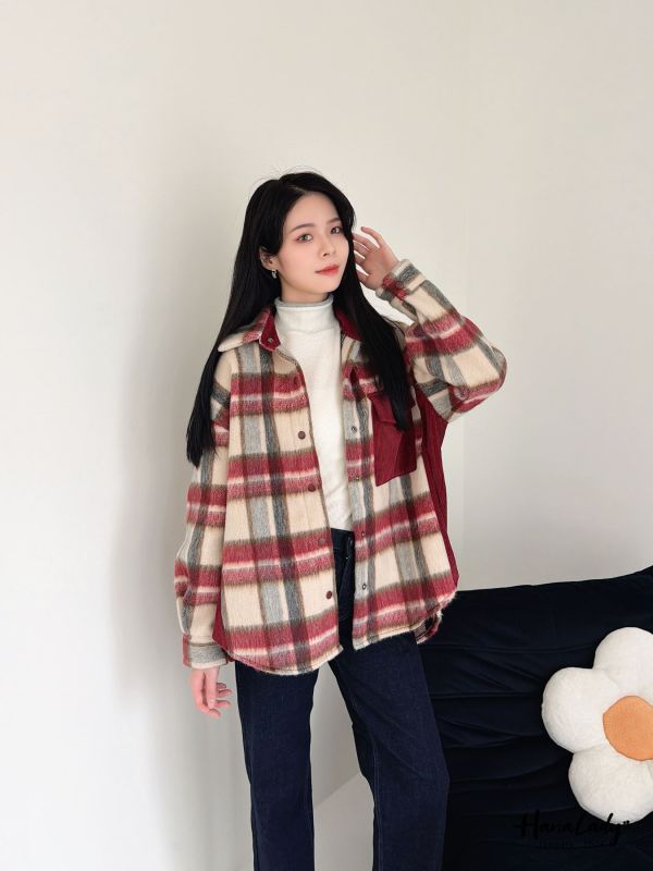 LEA75 棉絨拼接燈心絨格紋衫 