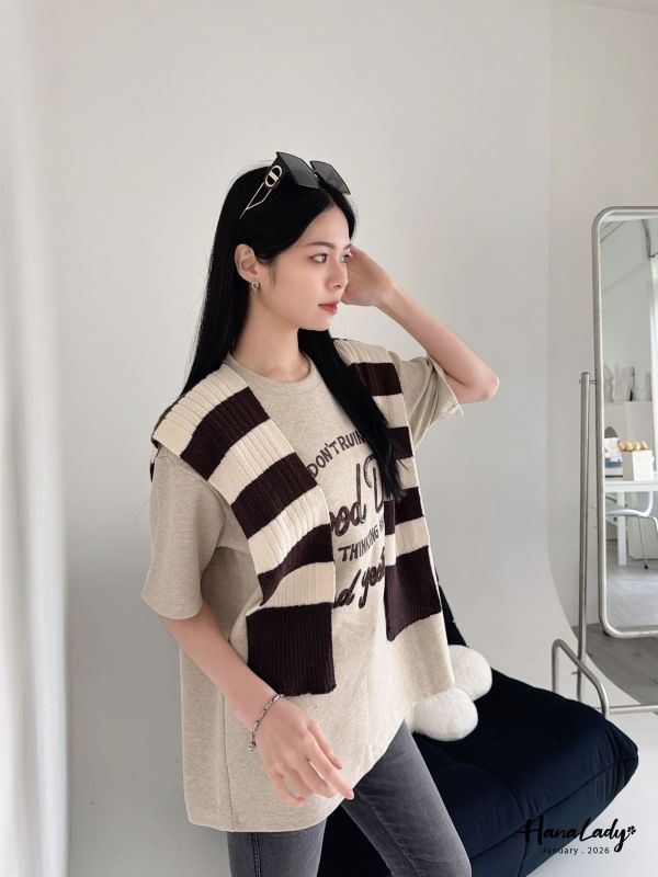 LEA52 條紋披肩刺繡串珠長版T 