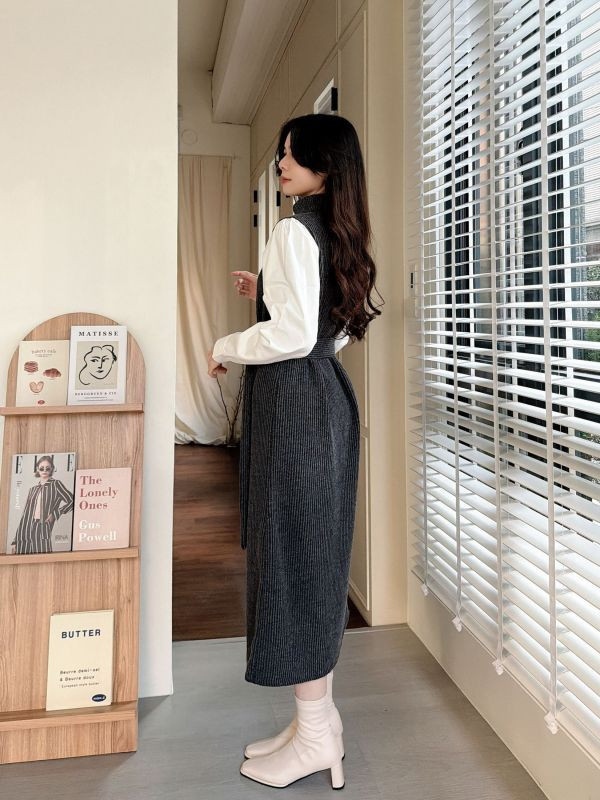 WQB11 高領針織襯衫袖連身裙 