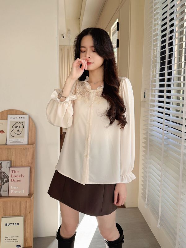 WQA90 優雅荷葉蕾絲領雪紡衫 