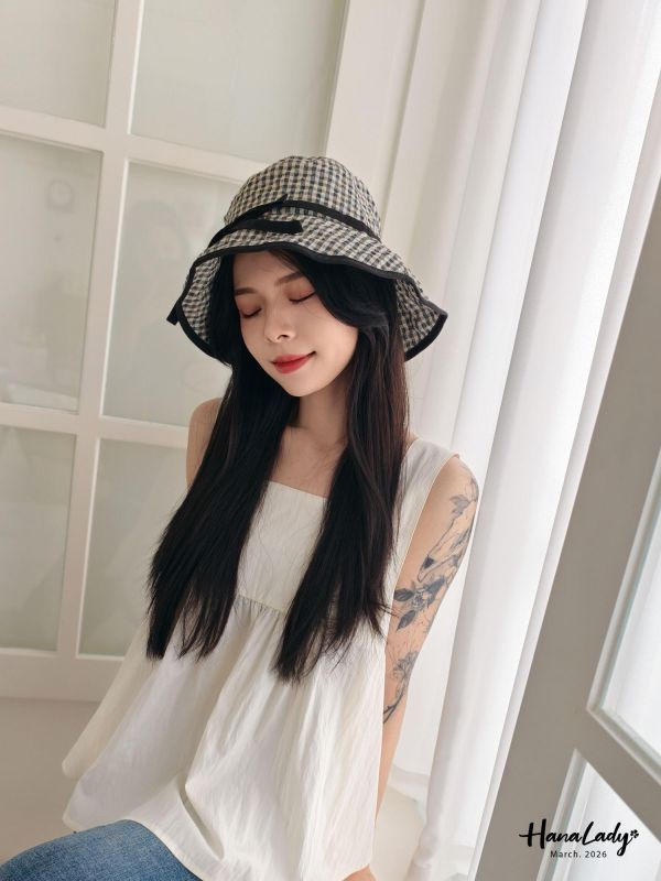 LSA66 夏日格紋綁帶魚夫帽 